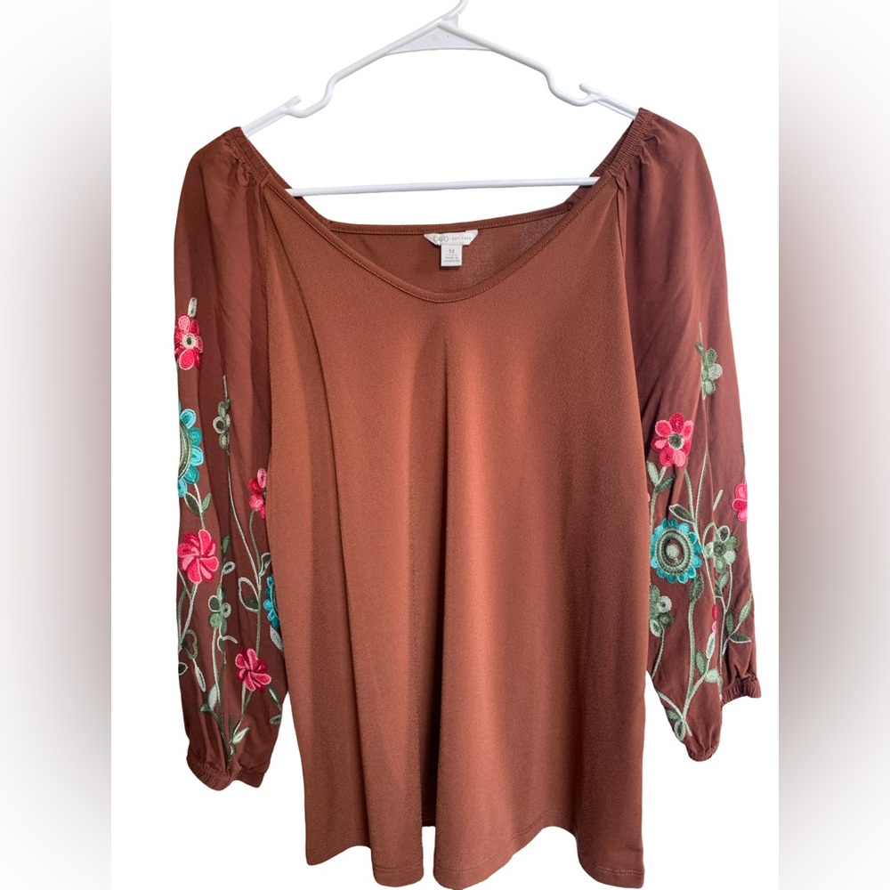 Cato Brown Blouse with Colorful Embroidery